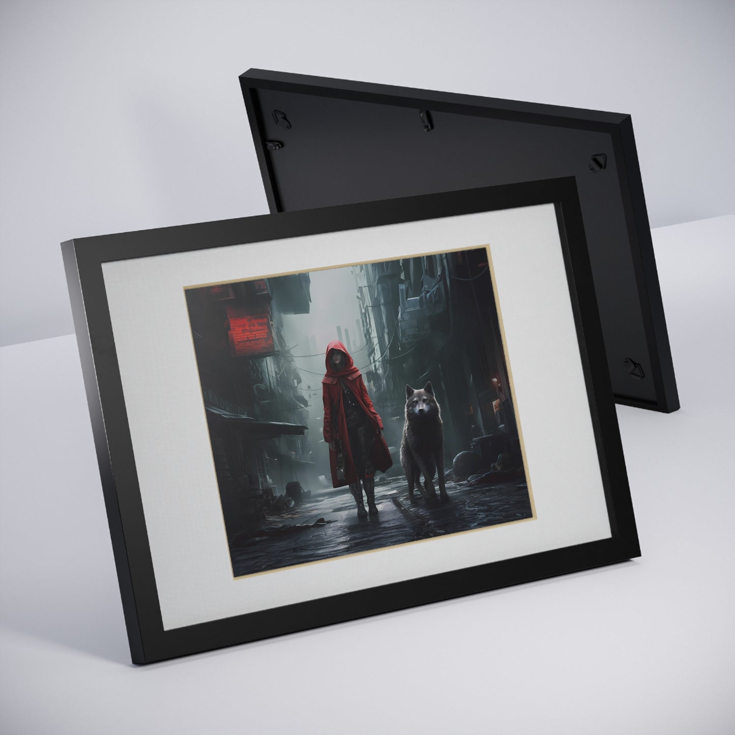 Cyberpunk Fable: Red & Wolf Framed Posters, Black