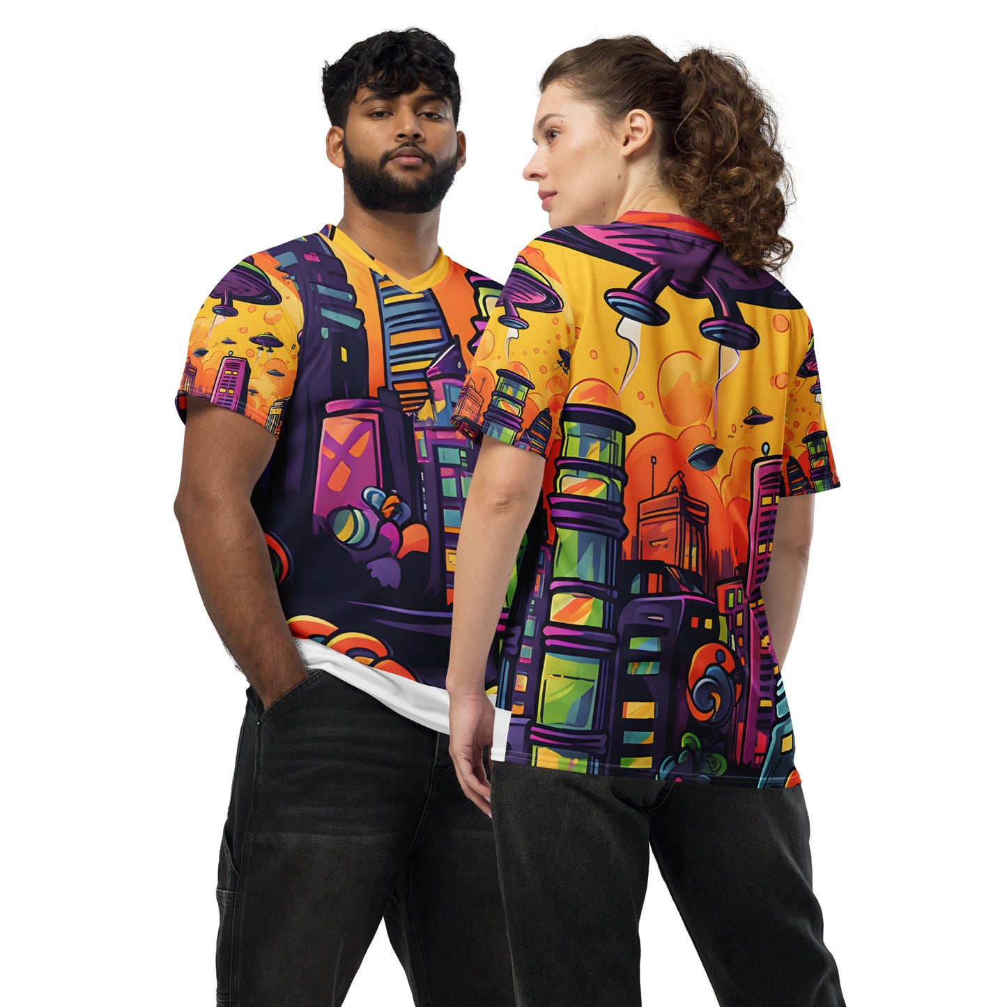 Cosmic Cyberfunk Encounter Recycled unisex sports jersey