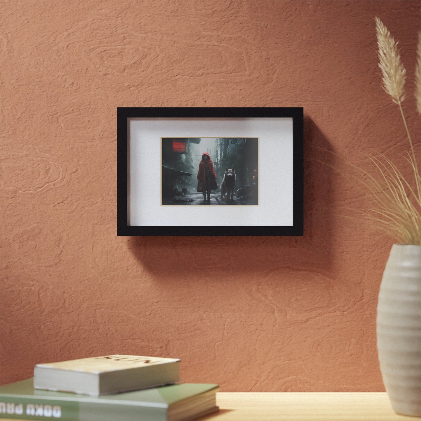 Cyberpunk Fable: Red & Wolf Framed Posters, Black